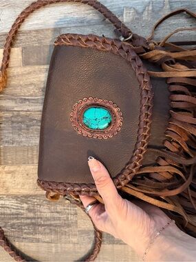 Brown Leather Fringe Crossbody Bag with Turquoise Accent